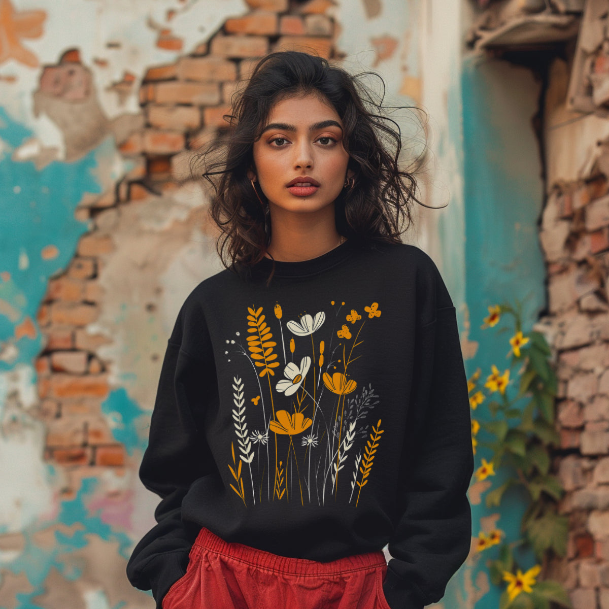 SWEAT-shirt UNISEXE Léger 100% COTON BIO, Spring Chic - Flowers Orange Vintage