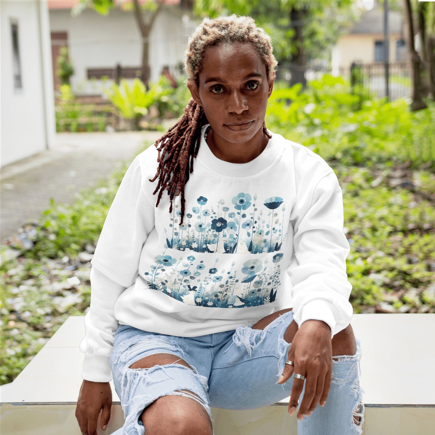 SWEAT-Shirt UNISEXE Léger en COTON BIO, Spring Chic - Fleur Bleue