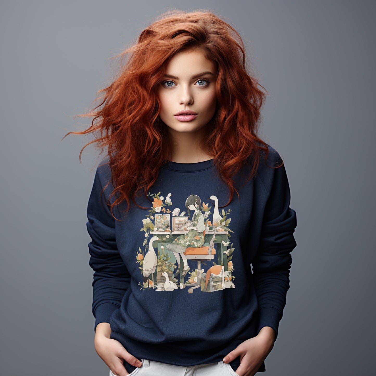 SWEAT-Shirt UNISEXE Léger en COTON BIO, Cute Girl on her Desk